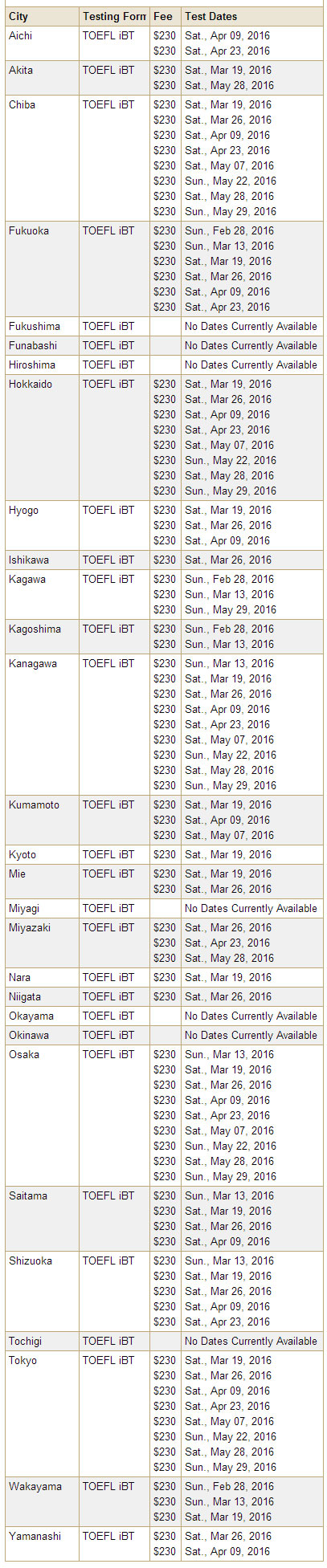 2016年日本托福考试时间详细安排(不断更新)